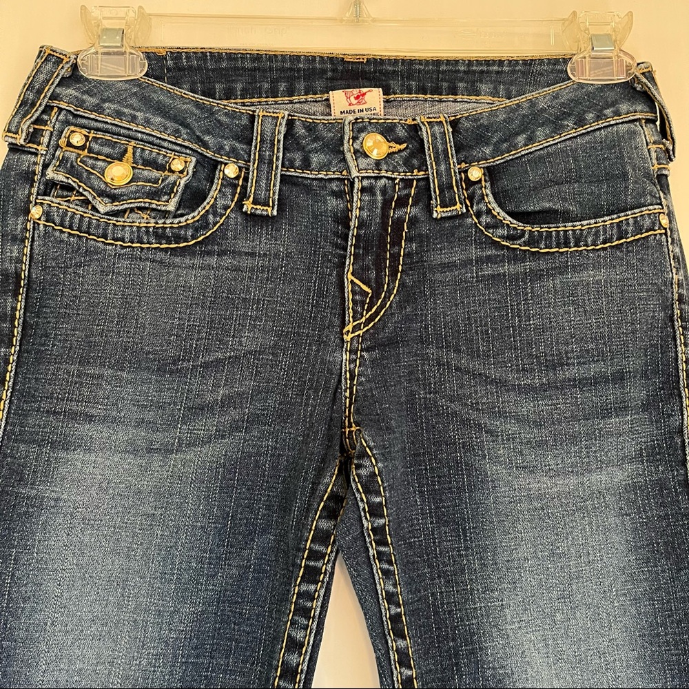 TRUE RELIGION RARE Yellow Crystal Button Flare Jeans Western Glam Bootcut Beauty - Picture 7 of 16